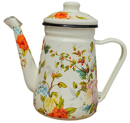 Gralara Smalto teiera latte brocca drinkware riutilizzabile comodo impugnatura 1.2 litri bollitore d'acqua per il tè per ufficio di casa da cucina ristorante, Foglie Verdi