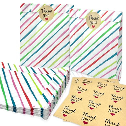 20 Pack Sweet Bags, Striped Paper Bags with 24Pcs Stickers Paper Bag for Sweet for Wedding Birthday Giveaways Party