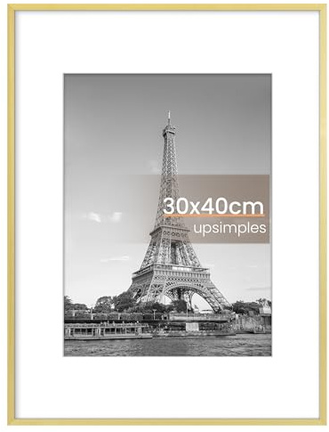 upsimples 1 Stück Alu-Bilderrahmen 30x40 Gold, mit Passepartout für Fotos | Moderner Rahmen 30x40 für Fotos, Wandbilder, Kunstdrucke, Fotodrucke,Metallrahmen mit Passepartout und Acrylglas