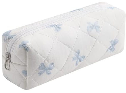 HHQQWZ Cute Floral Cotton Makeup Brush Cosmetic Bag for Women, Travel Quilted Zipper Make Up Bag, Flowers Toiletry Organizer Case Kawaii Makeup Cosmetic Travel Cloth Pouch (Blue Bow Tie)