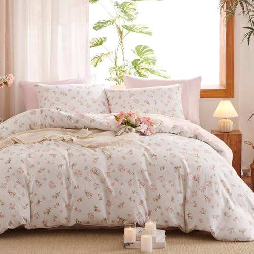 Lanqinglv Rosa Bettwäsche 155x220 Blumen Blätter,ÖKO-TEX Zertifiziert | Aesthetic Bettwäsche,Wendebettwäsche für Allergiker,Mikrofaser Bettbezug mit Reißverschluss und 1 Kissenbezug 80x80