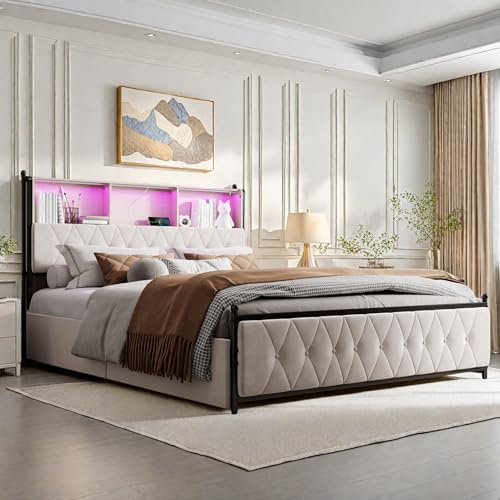 Polsterbett 180 x 200 cm, SchubladenBett mit 4 Schubladen und USB, Jugendbett Bett mit LED und USB, Bettgestell für Erwachsene und Jugendliche, Zwei Personen, Samt, Beige