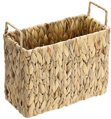 BSTKEY Natural Water Hyacinth Magazine File Holder with 2 Handles, Handwoven Newspapers Storage Basket Folder Mail Organizer Bin Tabletop Book Rack Holder for Home Office
