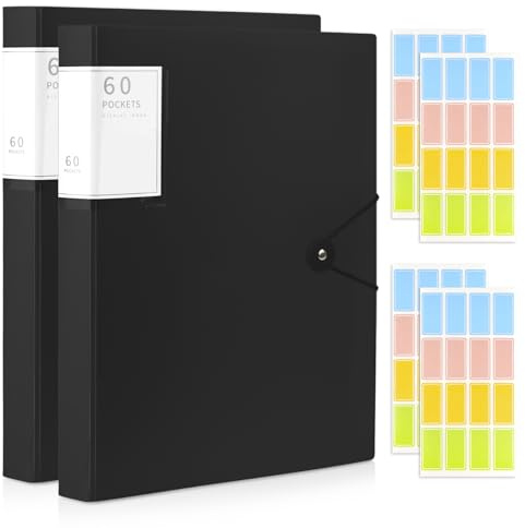 2 Pcs A4 Folder with Plastic Sleeves, 120 Pockets Display Folders with Safety Rope, A4 Presentation Certificate Documents Display Book for School Office Business (Black)
