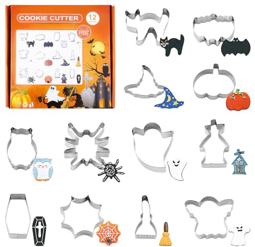 MIFKLMV Halloween Cookie Cutter Set 12 Shapes Biscuit Cutters Halloween Ghost, Bat, Pumpkin, Cat, Witch, Spider, Etc. for Baking Stainless Steel