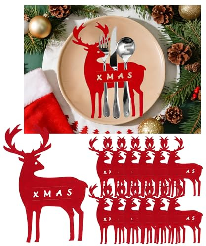 12 Stück Weihnachten Bestecktasche, Beiktehy Filz besteckhalter Serviettentaschen für Besteck 15x12cm bestecktasche Weihnachten Dekoration Tischdeko Besteckbeutel