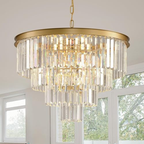 MSSIAN Moderner Gold Kristall-Kronleuchter, 9-flammig, 4-stöckig, Rund, Deckenleuchte für hohe Decken, Wohnzimmer, Treppe, Eingangsbereich, Büro, W60cm