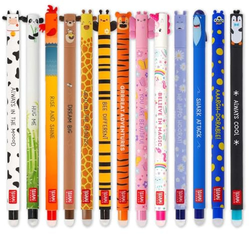LEGAMI - Set mit 13 radierbaren Gelstiften mit thermosensibler Radiertinte, farbiger Tinte und lustigem Schaft-Design, 0,7 mm Spitze, Tierdesigns, Kuh, Löwe, Monster usw.