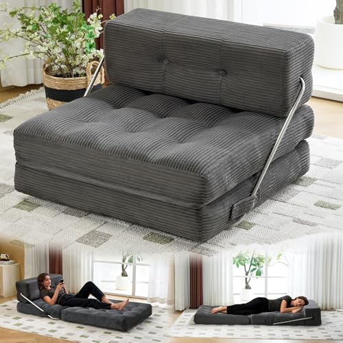 Mingone 3-in-1 Schlafsessel, Boneless Couch mit Bettfunktion Grau | Bodensofa für Wohnzimmer/Schlafzimmer/Büro/Gästezimmer/Kino, 80x80 bis 185x80 cm, Cordstoff