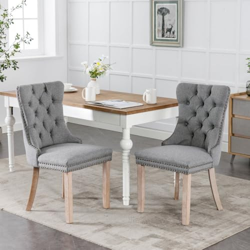 Kiwaou Modern High-End Tufted Solid Wood Contemporary Flax Upholstered Linen Dining Chair with Wood Legs Nailhead Trim, Set of 2, Gray
