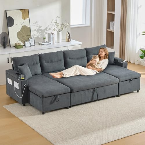Luscriate Sofá cama de terciopelo de 4 plazas con compartimento de almacenamiento, sofá en forma de U con chaise longue, sofá de salón con USB y portavasos, gris oscuro + Corduroy, 4 plazas)