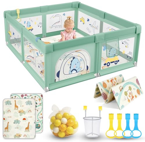 SOFTHOM Laufstall Baby 150x180, Laufstall Baby mit Matratze, 360° Atmungsaktivem Netz und Rutschfestem Bottom, Sicher Stabil Aktivitätszentrum für Kinder, 60 Ozeanbälle, 4 Zugringen, Grün Dinosaurier