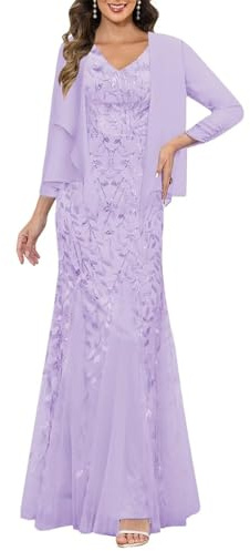 KIYNE Vestido formal de tul para madre de la novia con chamarra, cuello en V, vestido formal para invitada de boda, Lila, 34