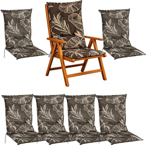 BURI 6X Hochlehner Auflage 117x49x6 cm - wetterfeste Gartenstuhlauflage mit Schaumkern & Vollvlies, Halteband & Bindebänder, bequemes Stuhlpolster für Balkon, Terrasse & Garten (Braun-Blätter)
