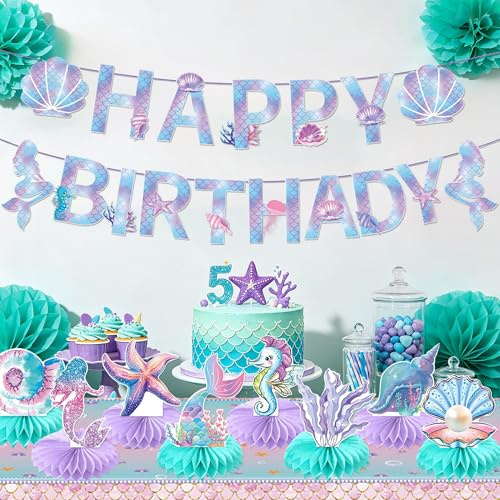 Mermaid Theme Party Decorations Under The Sea Party Decorations | 3D Mermaid Birthday Honeycomb Centerpieces Tablecloths Birthday Banner For Under The Sea Party Decorations