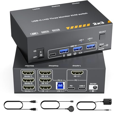 Switch KVM HDMI 3 monitor per 1 computer portatile, 1 desktop, USB 3.0 KVM Switch 3 Monitor 2 Computer MST USB C HDMI KVM 4K @ 60Hz, PD 87W, adattatore di alimentazione, telecomando cablato (4K USB C