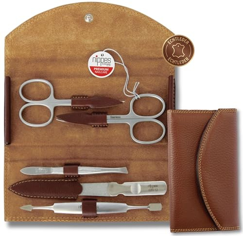 nippes Solingen Classic Premium-Maniküre Set, 5-teilig, Echtes Rindsleder-Nageletui, braun, Edelstahl nickel- & rostfrei, Nagelpflege Set, Made in Solingen/Germany