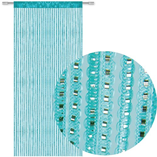 Bestlivings Fadengardine Türvorhang Fadenvorhang Metallikoptik mit Stangendurchzug, trendig schön in vielen erhältlich (90x200 cm/türkis - ozeanblau)