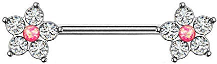 beyoutifulthings Brustwarzen-Piercing Glitzer-Opal Blume 5 Zirkonia Brust-Piercing Nippel-Piercing Chirurgenstahl Silber Pink Clear Stab 1,6/14mm