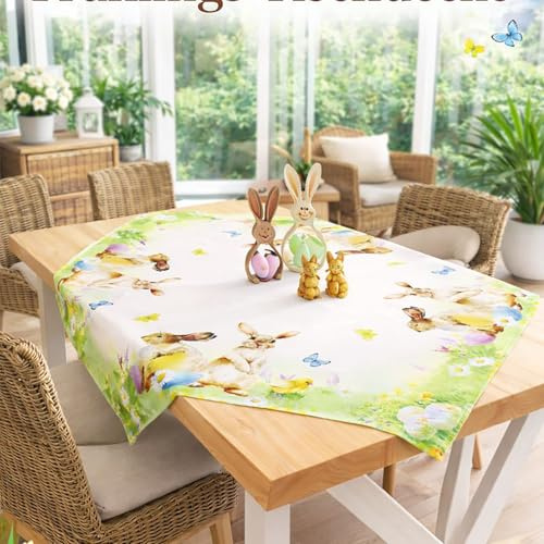 KAMACA Tischdecke Ostern & Frühling – 85x85 cm Mitteldecke mit verspielten Hasen & Blumen – Bunte Ostertischdecke waschbar – Dekorative Tischwäsche für Küche & Wohnzimmer