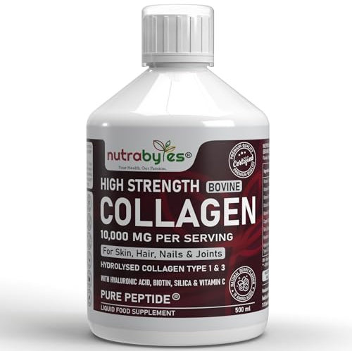 Collagen Liquid 10000mg, Hydrolysed Peptides - Hyaluronic Acid, Biotin, Silica, Vitamin C, Vitamin B12 - Healthy Skin, Hair, Nails, Joints, Muscles - Grass Fed Bovine - Liquid Collagen for Women & Men