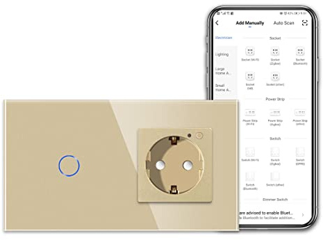 CNBINGO WLAN Steckdose und Smart Lichtschalter - Touchschalter Einfach und Schuko Steckdose Unterputz Arbeit mit Alexa, Google Assistant - Glasrahmen und Status-LED - Neutralleiter Wird Benötigt