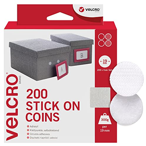 VELCRO Märke | Stick On Coins | Dubbelsidig krok och ögla självhäftande klibbiga mynt perfekt för rumsinredning och hem, kontor, garage användning | vit | 19 mm x 19 mm | 200-pack