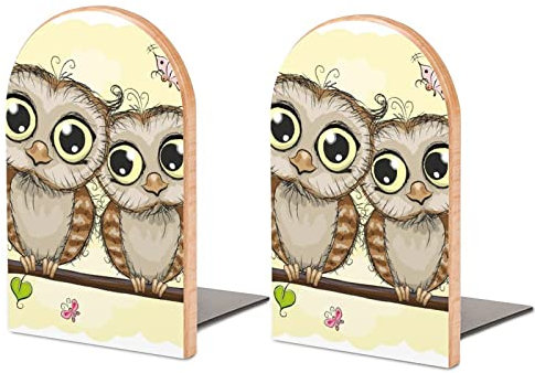 Packung Mit 2 Buchstützen Gelbes Eulen-Paar Rutschfester Bücherständer Aus Holz Bücherregal Bücherhalter Für Home Desk Office Library