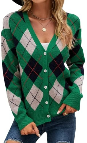EIBA Damkoftor, stickade koftor för kvinnor, vintage grön argyle rutig v-ringad knapp långärmad öppen framsida tröjor cardigan höst elegant mjuk stickad ytterkläder jacka kappa