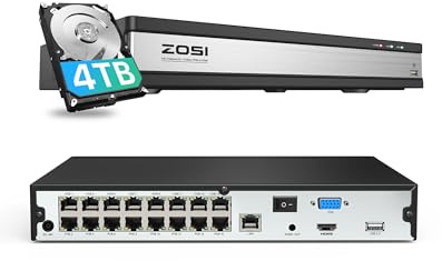 ZOSI 4K PoE NVR, 16 Channel H.265+ Network Video Recorder & 4TB Hard Drive | 16CH Expandable PoE CCTV Camera System for Surveillance 24/7 Recording, Only Work Our Brand 4K/5MP/4MP/3MP/ HD PoE IP Cameras