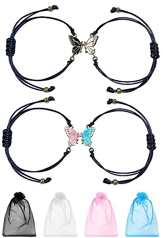 2 pares de pulseras de la amistad, 4 bolsas de hilo, pulseras de mariposa, pulseras de cuerda ajustables, adecuadas para parejas, buenos amigos