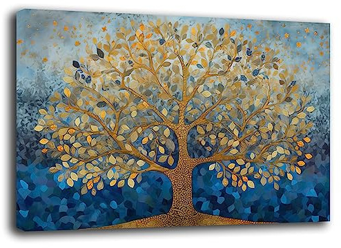 Printerland Quadro Moderno soggiorno ALBERO della VITA Astratto BLU oro Quadri moderni da Parete XXL grande Stampa su tela Canvas Decorazione Murale muro Arredo Camera da letto Salone (70x100 cm, 1)