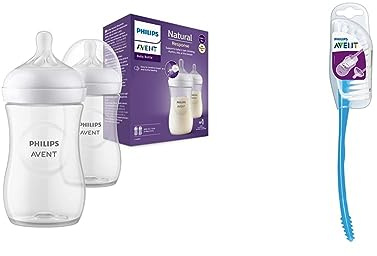 Philips Avent Babyflaschen Natural Response – 2x Babyflaschen, 260 ml, für Neugeborene ab 1 Monat, BPA-frei (Modell SCY903/02) & Avent Flaschen- und Saugerbürste (Modell SCF145/06)