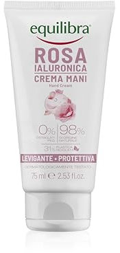 Equilibra, Crema Mani, Levigante e Protettiva, 75ml, con Estratto di Rosa Damascena, Acido Ialuronico e Glicerina Vegetale, 98% Origine Naturale, Assorbimento Rapido, Non Unge, Delicatamente Profumata