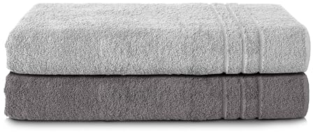 Komfortec 2er Saunatuch Set 80x200 cm aus 100% Baumwolle, XXL-Saunatücher, Sauna Handtuch, Weich, Groß, Frottee, Schnelltrocknend, Anthrazit Grau/Silber