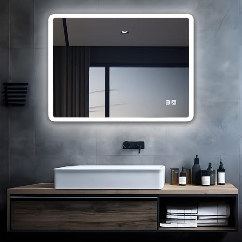 MIQU Specchio da bagno a LED con illuminazione 60 x 50 cm specchio da bagno grande con touch, dimmerabile, caldo/bianco, senza appannamento, per WC, corridoio, rettangolo