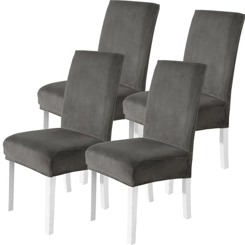 CYCMACO Stuhlhussen Samt 4er Set, Stretch Stuhlüberzieher, Stuhlbezug Schwingstuhl, Hussen Für Stühle Hochlehner, Stuhlbezüge Kratzfest, Universal Chair Cover Waschbarer, Grau