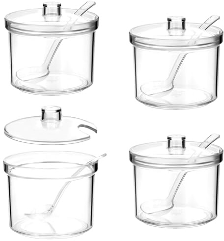 QWORK 4-Piece Clear Acrylic Sugar Bowl Set with Spoon and Airtight Lid, 210ml Condiment Keeper Sugar Jar for Sugar, Salt, Tea, and Spices