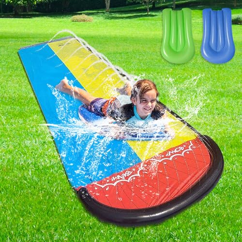 Gobesty Wasserrutsche Garten, 6,1 * 1,4M Doppel Wasserrutschmatte, Wasserspielzeug Kinder Outdoor mit 2 Surfboard, Rasen Wasserrutsche Rutschmatte mit Sprinkler, Wasserbahn Duell für Garten Rasen