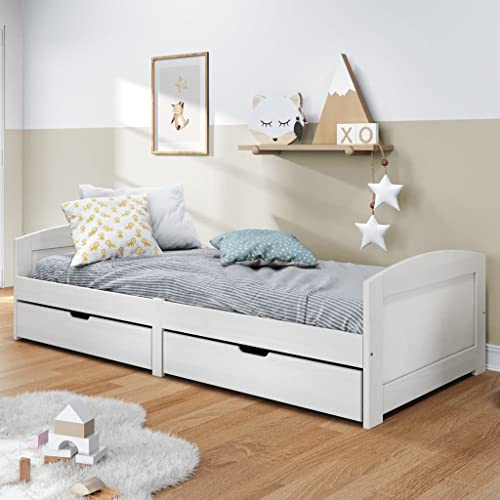 ZQQLVOO Bed Frame Lattenrost Palettenbett Bodenbett Tagesbett mit 2 Schubladen iRun Weiß 90x200cm Massivholz Kiefer