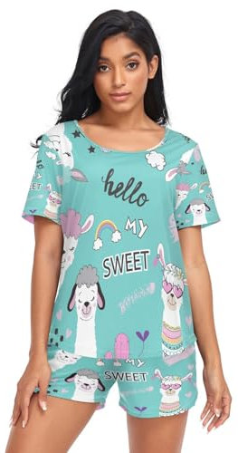 HMZXZ Damen Schlafanzug-Set Tier Alpaca Kaktus Sommer Pyjama Woman Set,Niedlich Anruf Loungewear und Shorts Lounge Set Sleepwear Nachtwäsche
