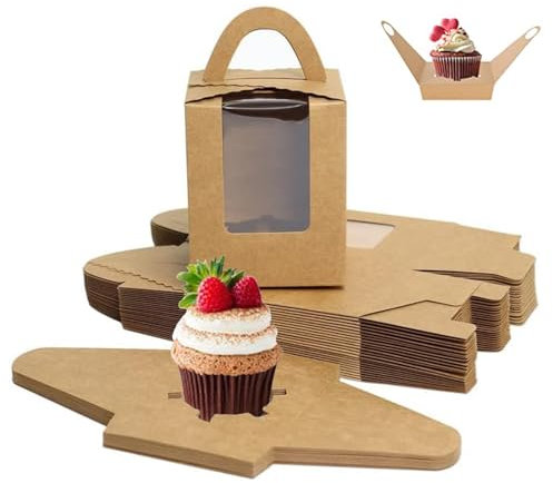 SUJIBHI 20 Pcs Individual Cupcake Boxes Single Cake Boxes with Clear Window 1 Hole Cake Box with Inserts and Handle Bakery Boxes for Wedding Birthday Party Favors (Kraft)