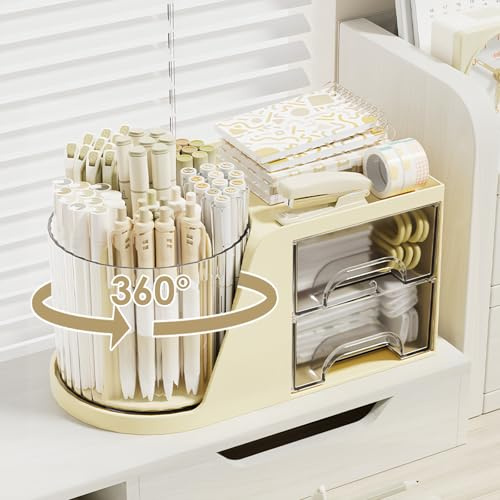 Foyucool Stifte Organizer, 360 Grad Drehbarer Schreibtisch Organizer mit 2 Schubladen, Multifunktionaler Stifthalter mit 6 Fächern für Makeup Pinsel, Büro, Kosmetik, Schule, Gelb