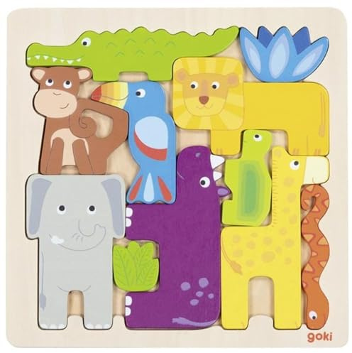 goki 57320 – Einlegepuzzle Safari aus Holz – 11-teiliges Kinderpuzzle mit exotischen Tieren, ca. 21 cm breit, ab 3 Jahren