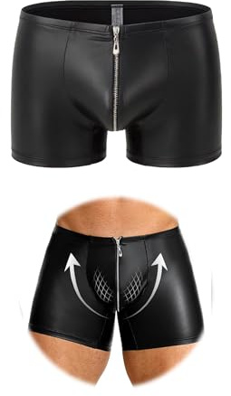 sunshinelady Unterhosen Männer Sexy PU Boxershorts Unterwäsche Große Größen | Sexy Shorts mit Reißverschluss Dessous Reizwäsche Sissy Höschen mit Beutel Clubwear Men Underwear