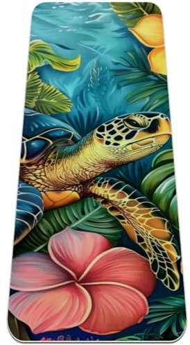 Yogamatte mit tropischen Blumen, Schildkröte, rutschfest, 6 mm dick, Fitnessmatte, Yogamatten für Damen, Workout-Matten für Zuhause, Hot Yoga, Pilates und Bodentraining, (L x B): 183 x 61 cm