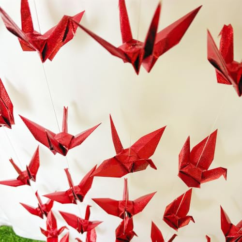 YMASELA Large Red Origami Paper Crane Hanging Garlands (4.6ft X3strings) Twinkle Premade Folded Handmade Origami Birds Streamers for Wedding Bridal Shower Baby Shower, Birthday Party Supplies