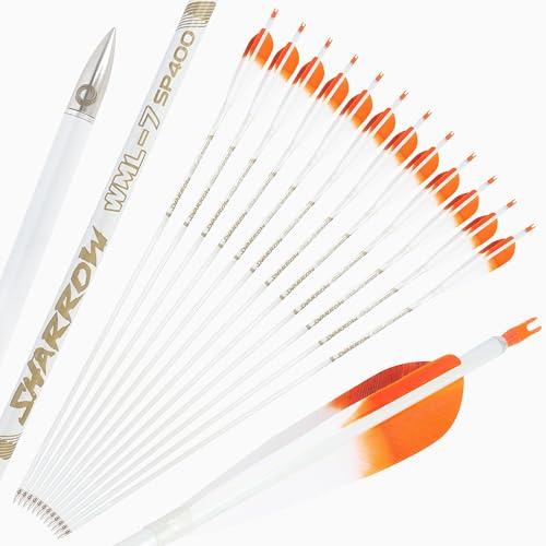 SHARROW Bogenschießen Carbonpfeile 32 Zoll Carbon Pfeile Zielübungspfeile Spine 400-800 Befiederung 5 Zoll Naturfedern Bogenpfeile Jagdpfeile für Compoundbogen Recurvebogen (12, Orange, Spine 500)