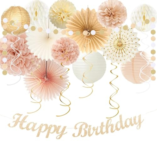 Acidea 21 Stück Champagner-Gold Beige Boho Geburtstag Party Dekorationen Retro Warme Papierfächer Party Dekorationen Papier Blumen Bälle Papier Luftschlangen Laternen Rustikale Backrop Party