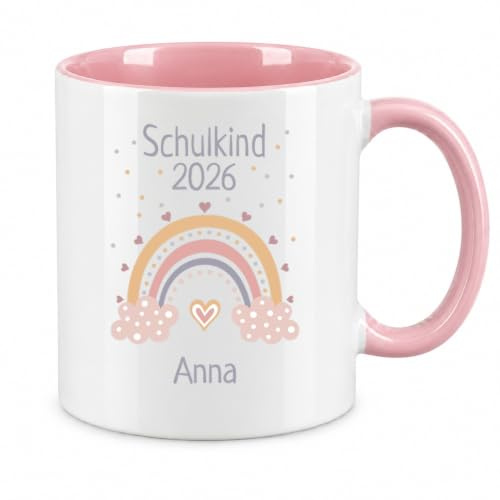 Tasse Schulkind 2026 mit Namen - Personalisiert - Einschulung - Geschenke - Regenbogen - Geschenk für Erstklässler - Schule - Grundschule - Geschenkidee - Schulbeginn (Rosa)